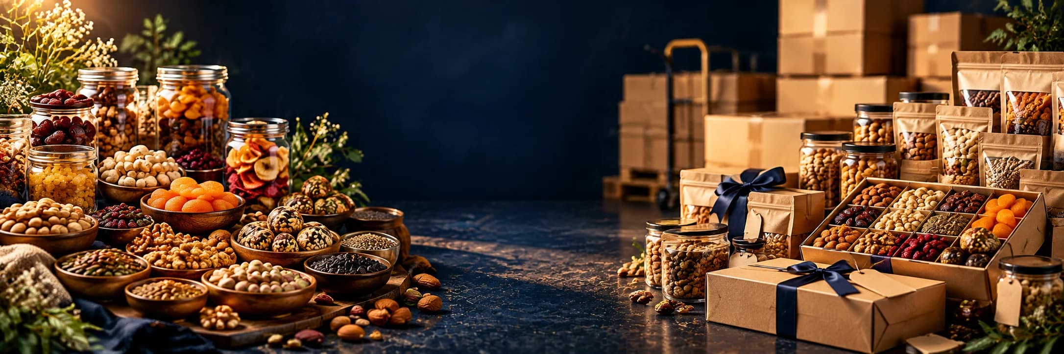 Dry fruits, gift packs and pantry products prepared for bulk orders